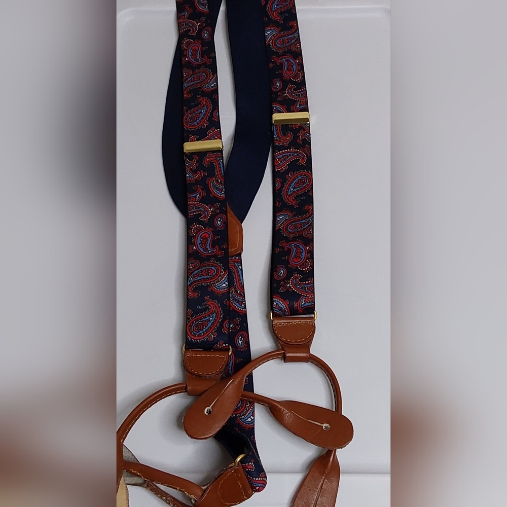 Paisley Silk Braces Suspenders Navy Blue Goldtone Slider Adjustable Leather Tabs